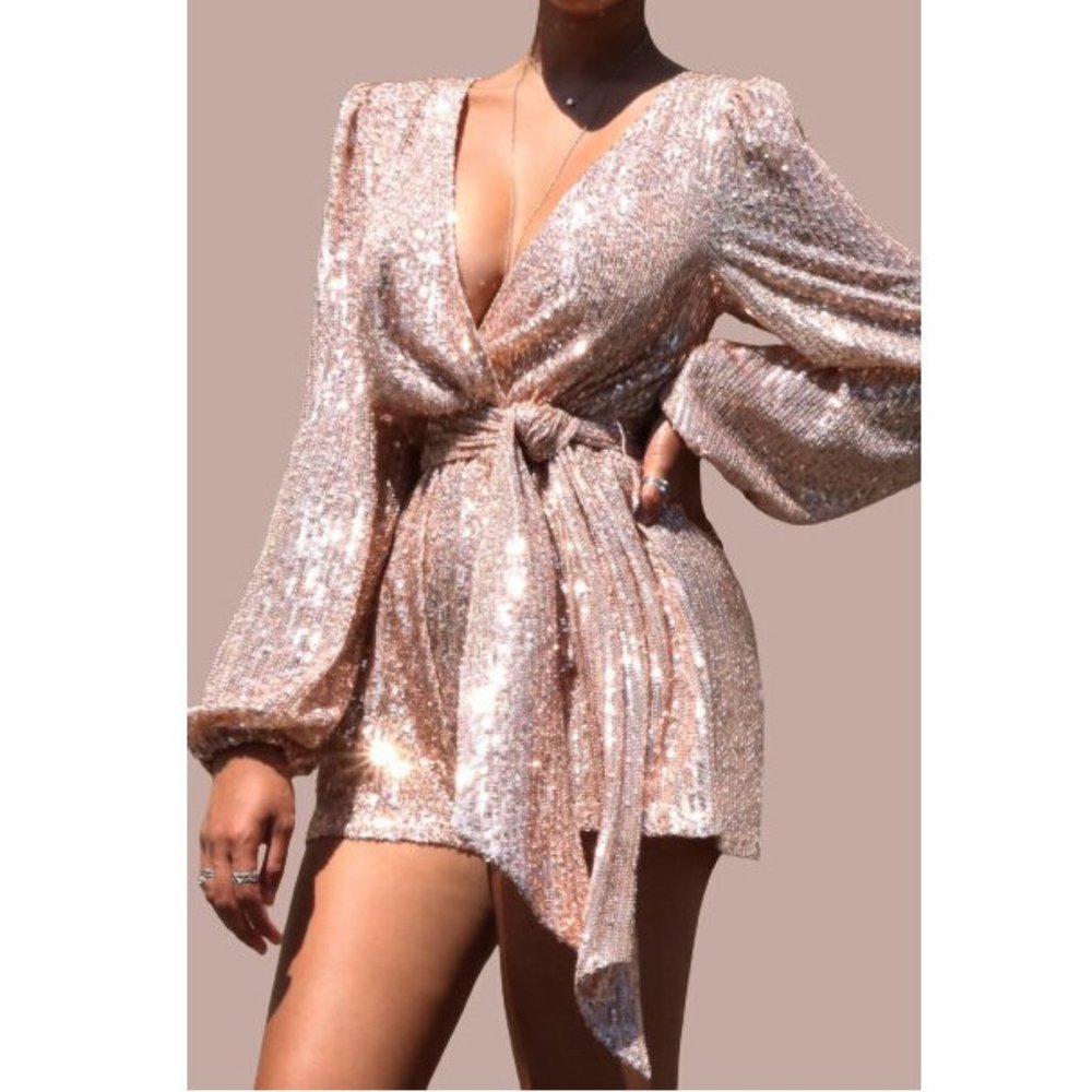 Champagne Sequin Romper Puff Balloon Sleeve Mini Dress Jumpsuit Club Party Glam